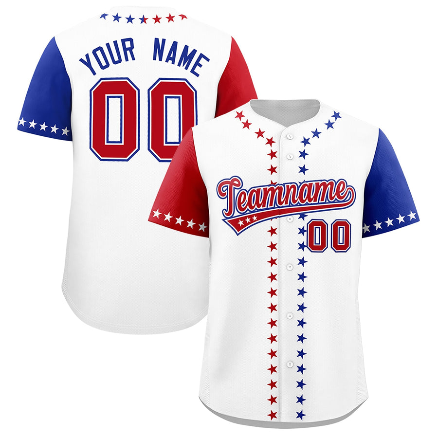 Custom White Red Royal Blue American Flag Graffiti Pattern Split Fashion Independence Day Stretch Fabric Baseball Jersey | BuyFootballJersey