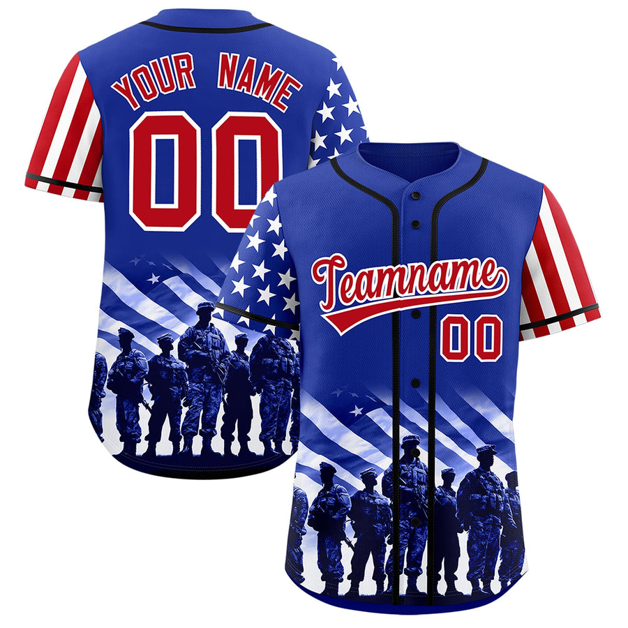 Custom Royal Blue Red White American Flag Graffiti Pattern Split Fashion Independence Day Quick Dry Baseball Jersey | BuyFootballJersey