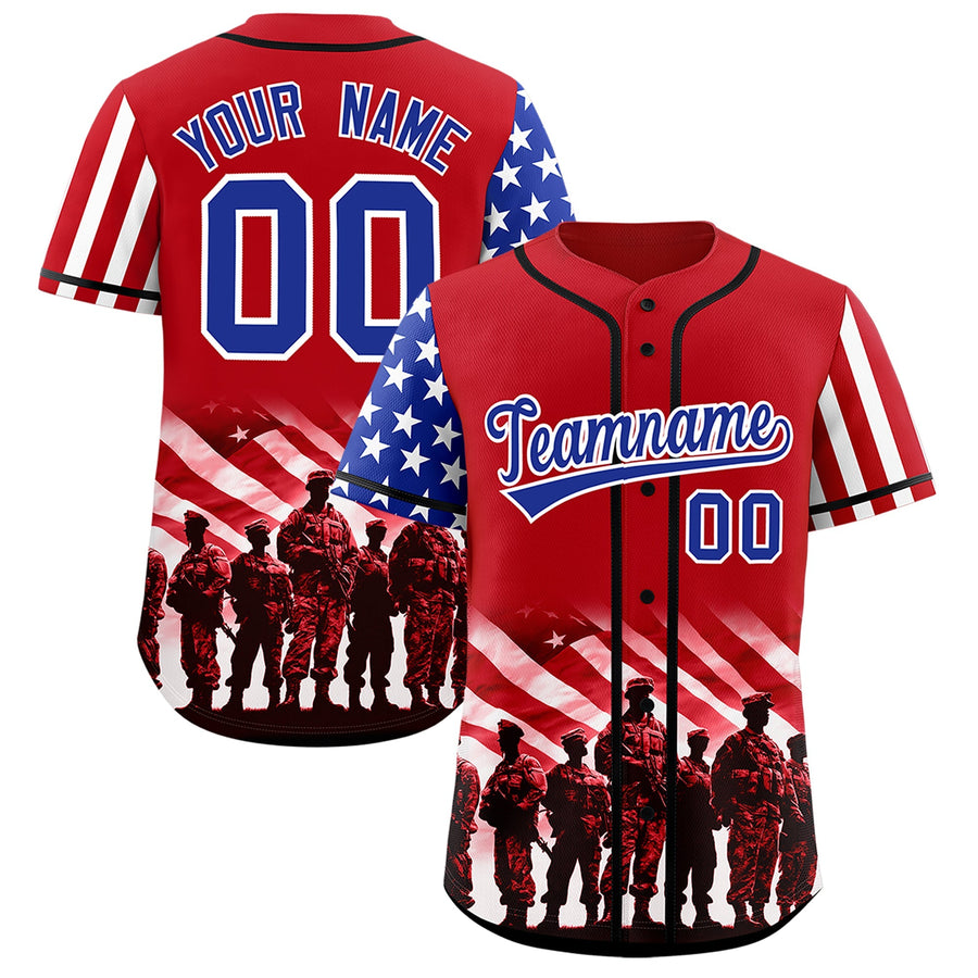 Custom Red Royal Blue White American Flag Graffiti Pattern Split Fashion Independence Day Stretch Fabric Baseball Jersey | BuyFootballJersey