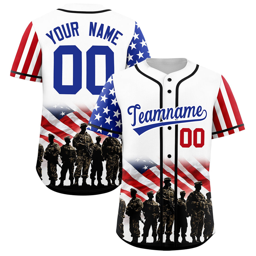 Custom White Royal Blue Red American Flag Graffiti Pattern Split Fashion Independence Day Quick Dry Baseball Jersey | BuyFootballJersey