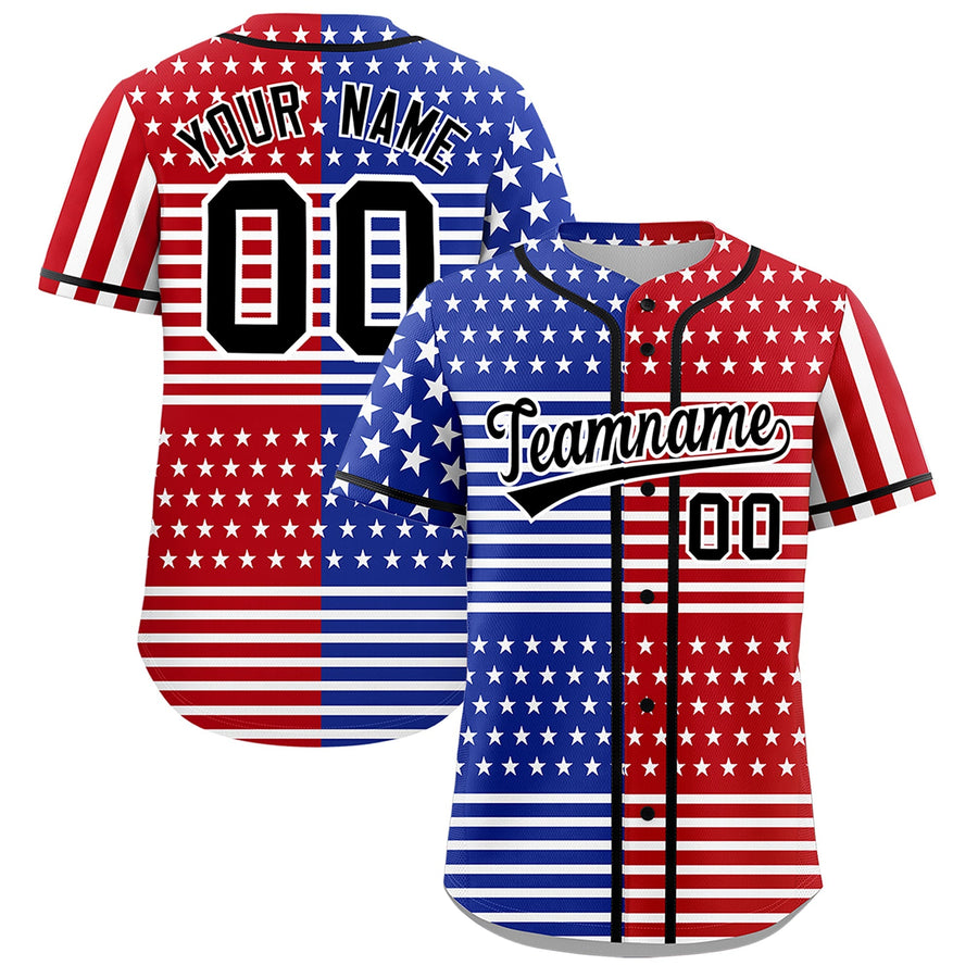 Custom Royal Blue Red White American Flag Graffiti Pattern Split Fashion Independence Day Stretch Fabric Baseball Jersey | BuyFootballJersey