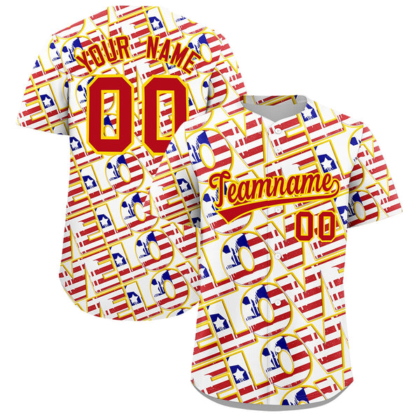 Custom White Red Gold American Flag Graffiti Pattern Split Fashion Independence Day Quick Dry Baseball Jersey | BuyFootballJersey