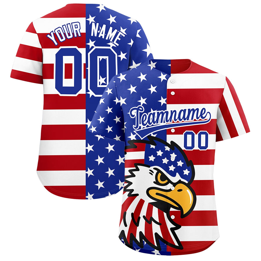 Custom Royal Blue Red White American Flag Graffiti Pattern Split Fashion Independence Day Stretch Fabric Baseball Jersey | BuyFootballJersey