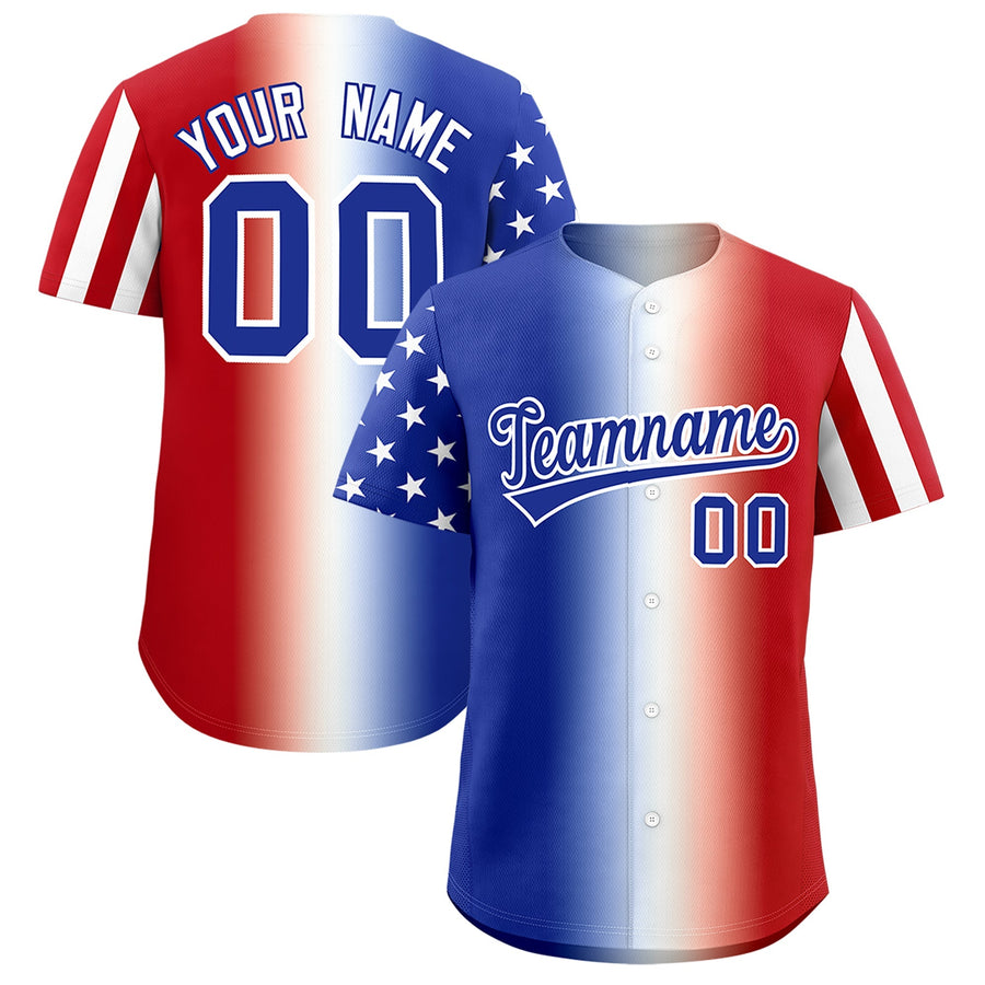 Custom Royal Blue White Red American Flag Graffiti Pattern Split Fashion Independence Day Quick Dry Baseball Jersey | BuyFootballJersey