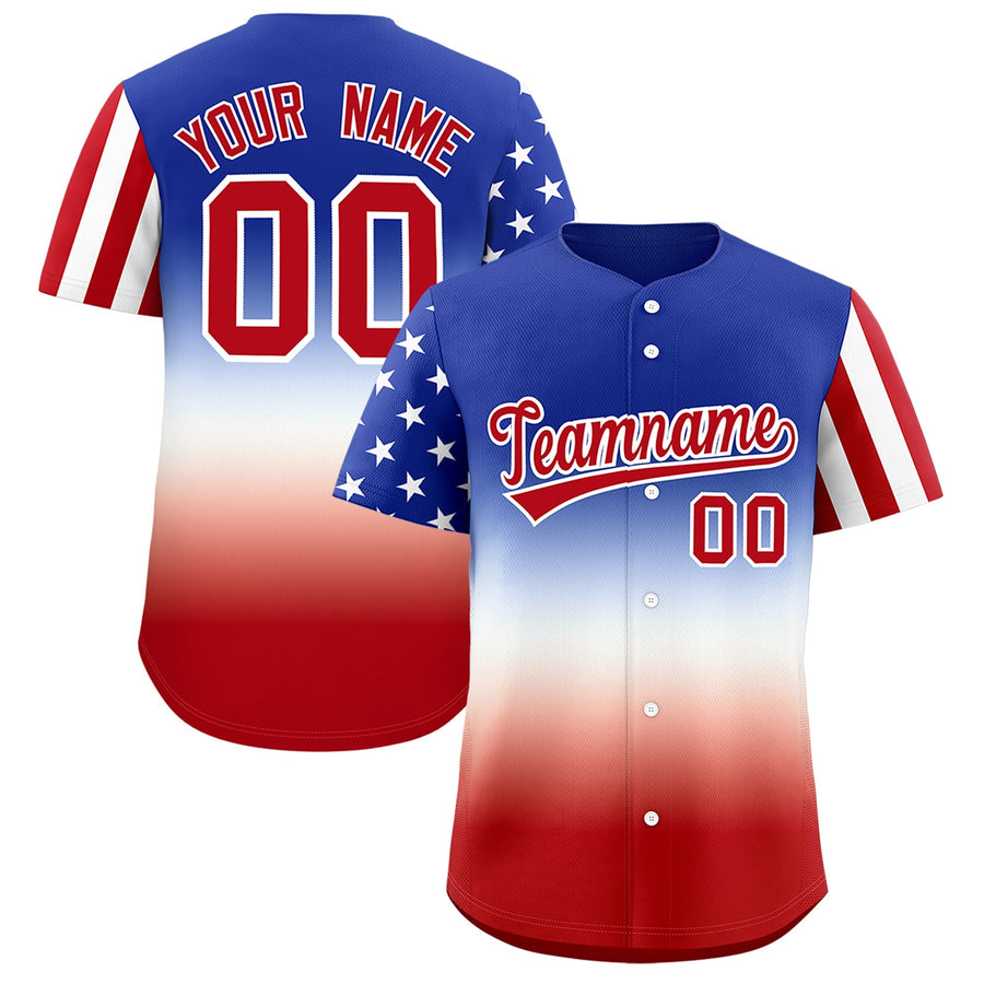 Custom Red White Royal Blue American Flag Graffiti Pattern Split Fashion Independence Day Stretch Fabric Baseball Jersey | BuyFootballJersey