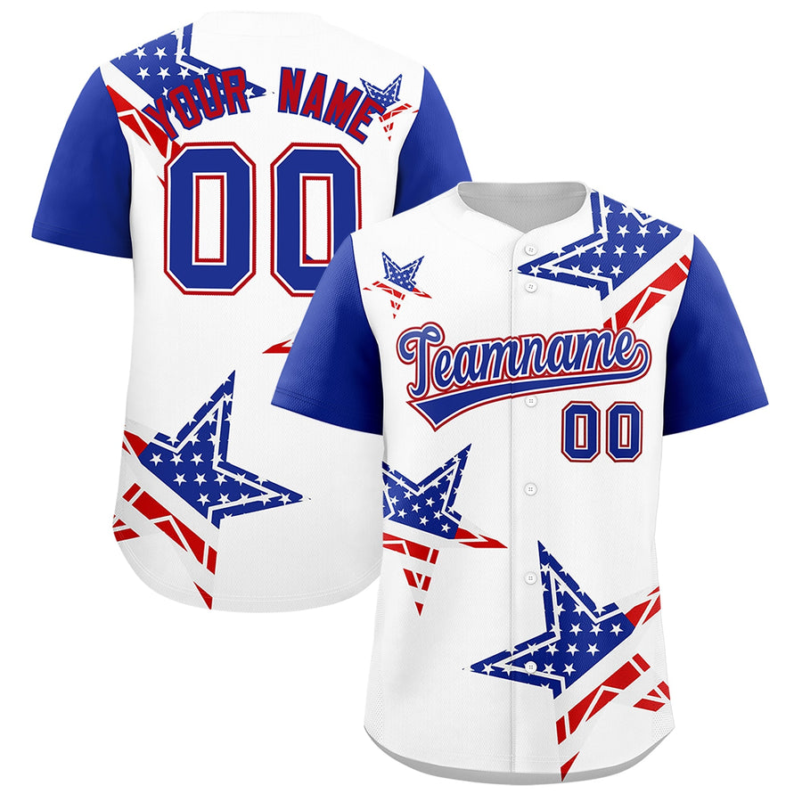 Custom White Royal Blue Red American Flag Graffiti Pattern Split Fashion Independence Day Quick Dry Baseball Jersey | BuyFootballJersey