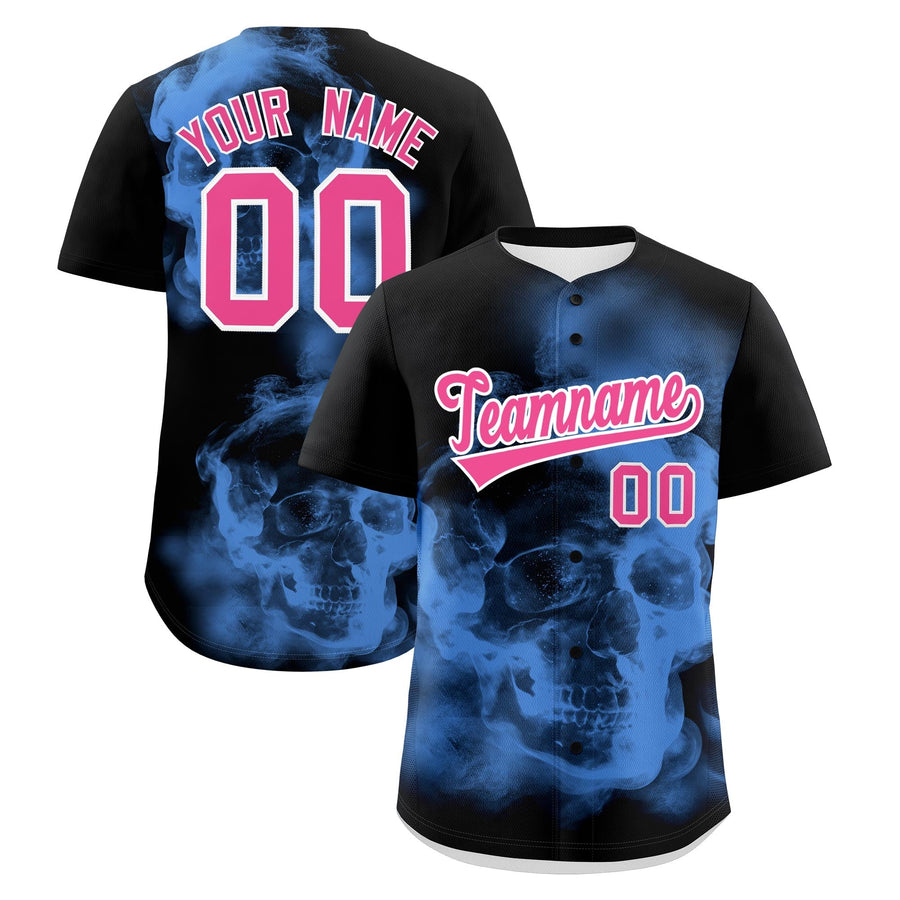 Custom Black Powder Blue Pink skeleton Graffiti Pattern Quick Dry Baseball Jersey | BuyFootballJersey