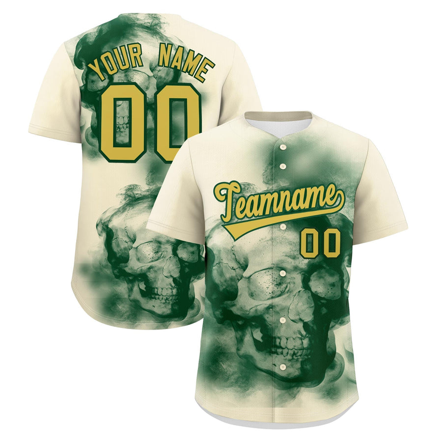 Custom Cream Dark Green Old Gold skeleton Graffiti Pattern Quick Dry Baseball Jersey | BuyFootballJersey