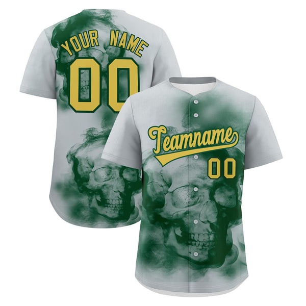 Custom Silver Dark Green Old Gold skeleton Graffiti Pattern Quick Dry Baseball Jersey | BuyFootballJersey