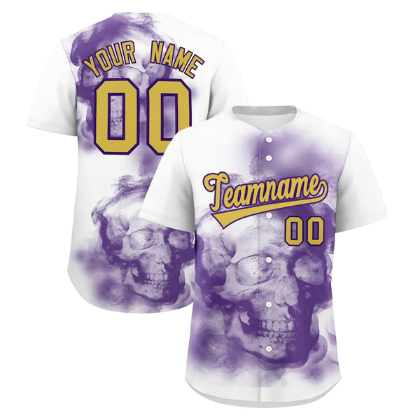 Custom White Purple Old Gold skeleton Graffiti Pattern Quick Dry Baseball Jersey | BuyFootballJersey