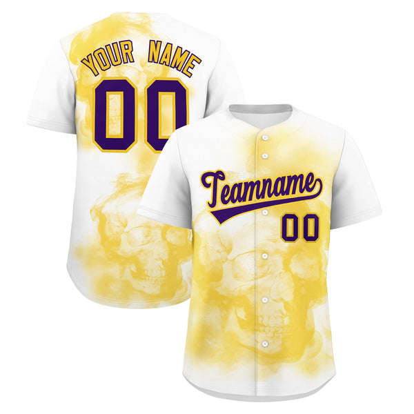 Custom White Gold Purple skeleton Graffiti Pattern Quick Dry Baseball Jersey | BuyFootballJersey