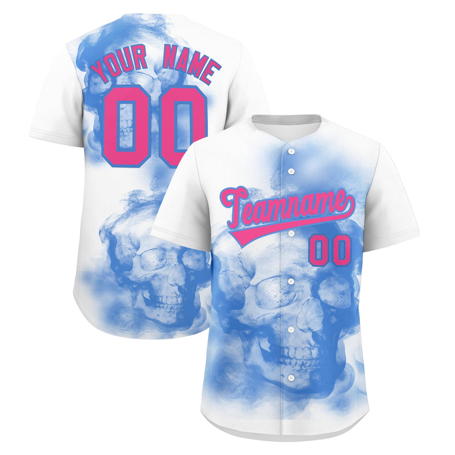 Custom White Powder Blue Pink skeleton Graffiti Pattern Quick Dry Baseball Jersey | BuyFootballJersey