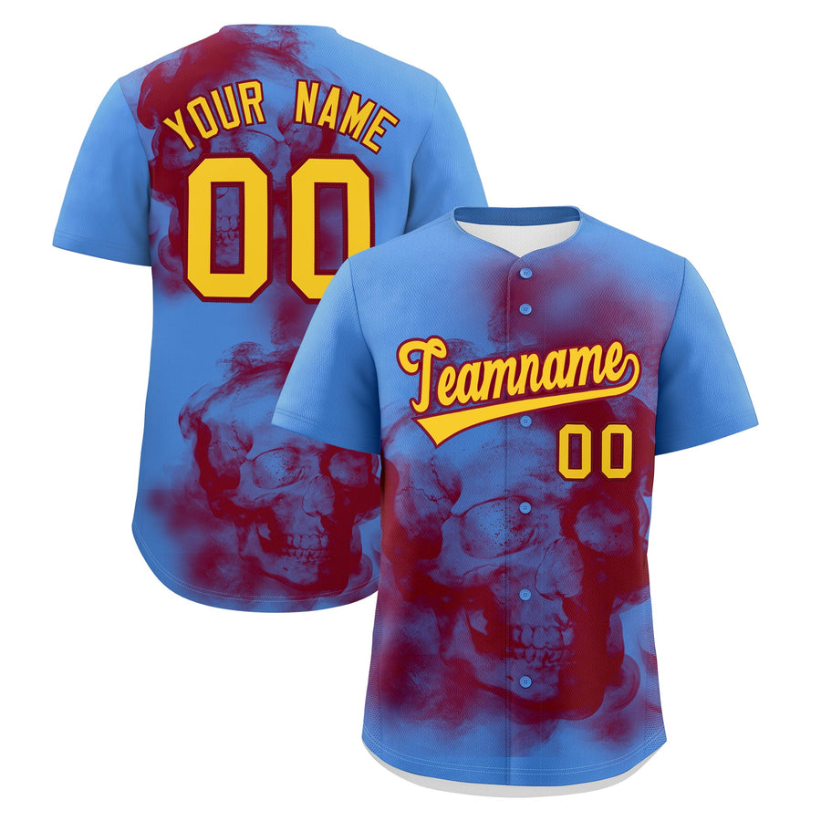 Custom Powder Blue Crimson Gold skeleton Graffiti Pattern Quick Dry Baseball Jersey | BuyFootballJersey