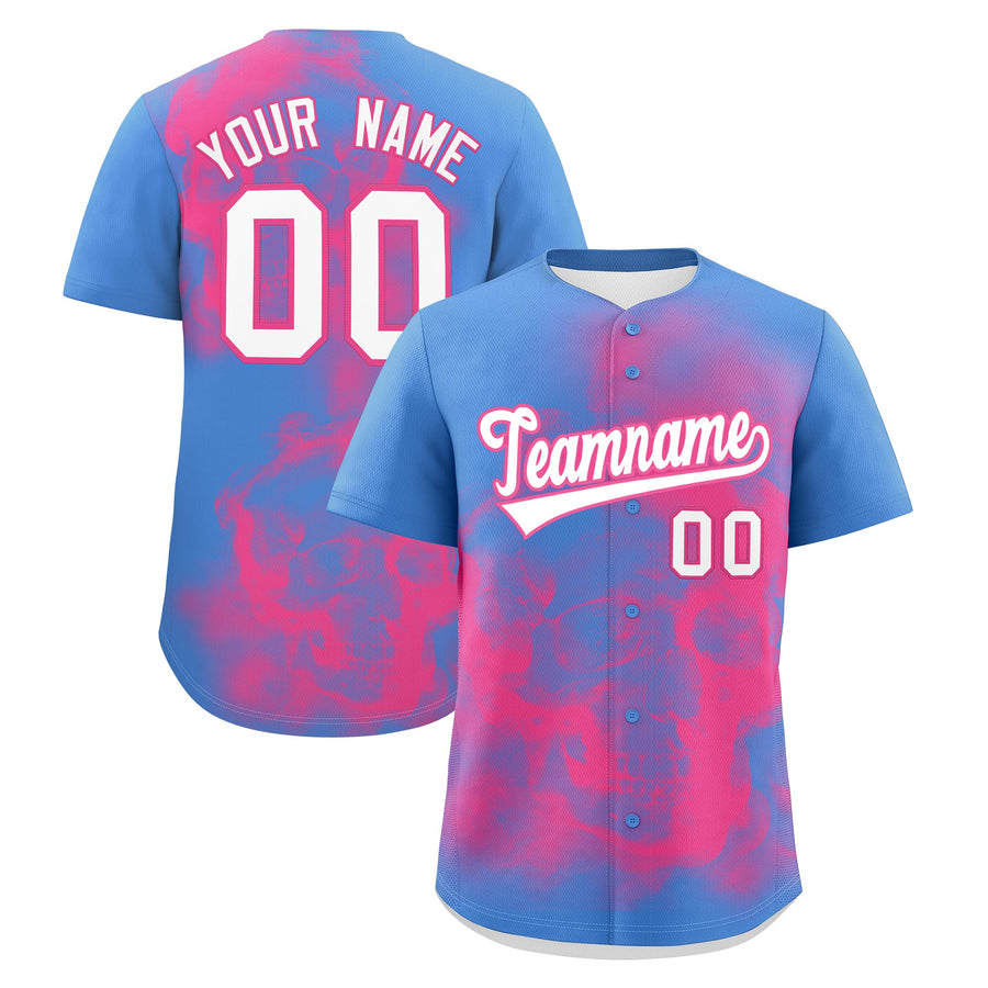 Custom Powder Blue Pink White skeleton Graffiti Pattern Quick Dry Baseball Jersey | BuyFootballJersey