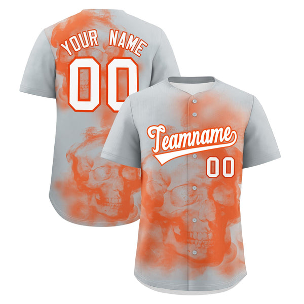 Custom Silver Orange White skeleton Graffiti Pattern Quick Dry Baseball Jersey | BuyFootballJersey