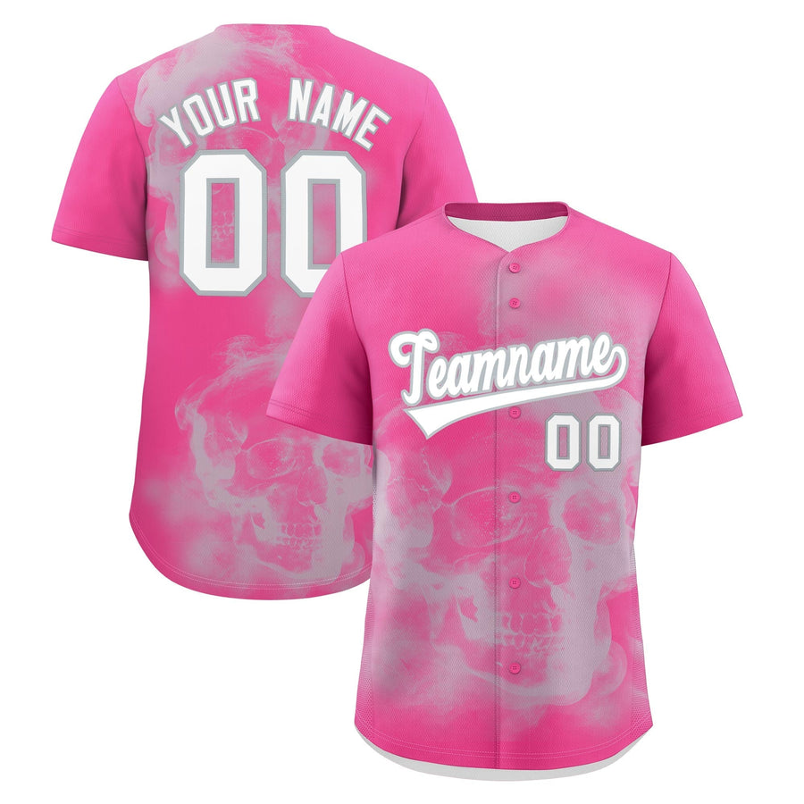 Custom Pink Silver White skeleton Graffiti Pattern Quick Dry Baseball Jersey | BuyFootballJersey