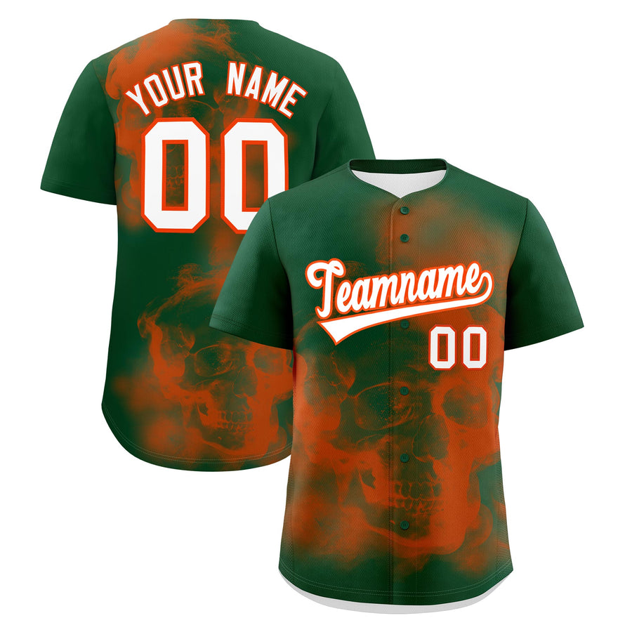 Custom Dark Green Orange White skeleton Graffiti Pattern Quick Dry Baseball Jersey | BuyFootballJersey