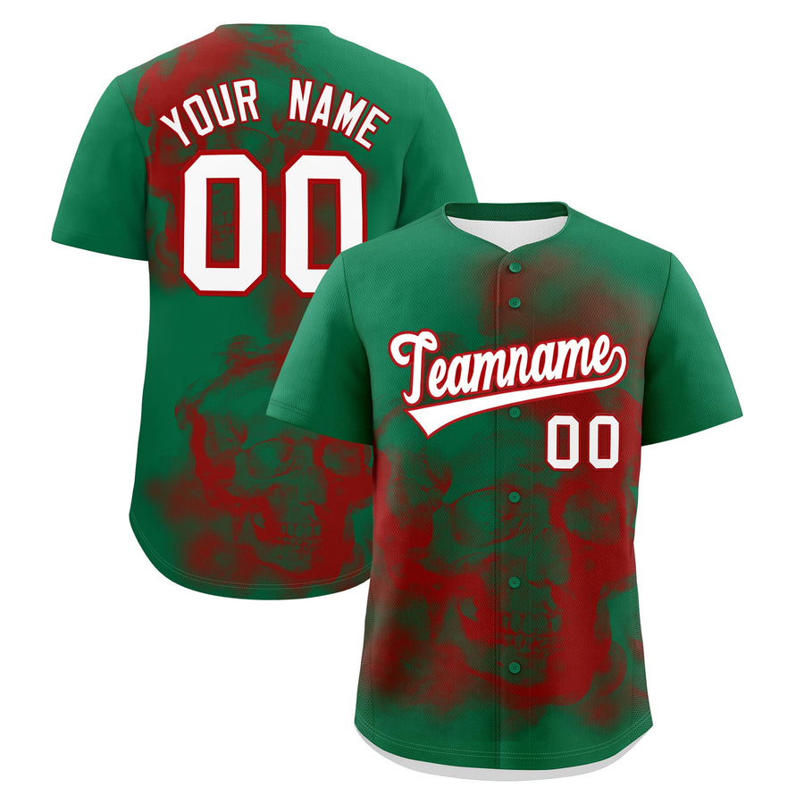 Custom Kelly Green Red White skeleton Graffiti Pattern Quick Dry Baseball Jersey | BuyFootballJersey