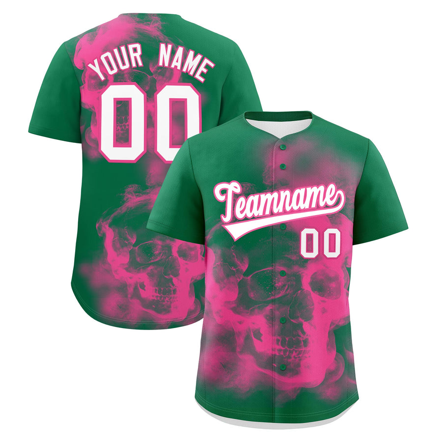 Custom Kelly Green Pink White skeleton Graffiti Pattern Quick Dry Baseball Jersey | BuyFootballJersey
