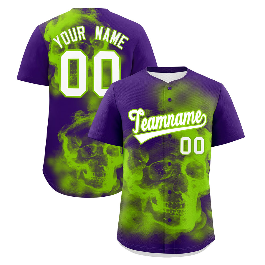 Custom Purple Neon Green White skeleton Graffiti Pattern Quick Dry Baseball Jersey | BuyFootballJersey