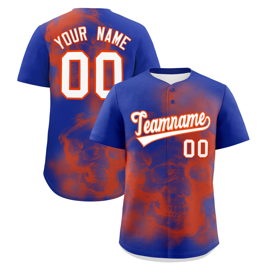 Custom Royal Blue Orange White skeleton Graffiti Pattern Quick Dry Baseball Jersey | BuyFootballJersey