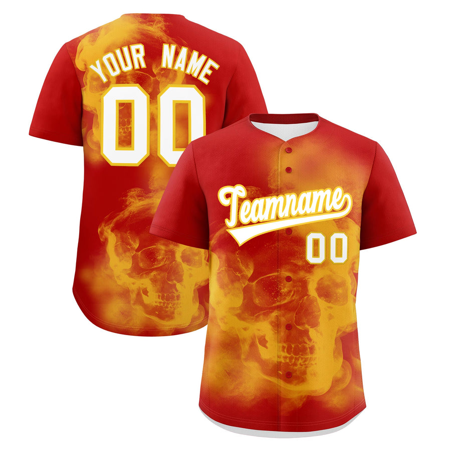 Custom Red Gold White skeleton Graffiti Pattern Quick Dry Baseball Jersey | BuyFootballJersey
