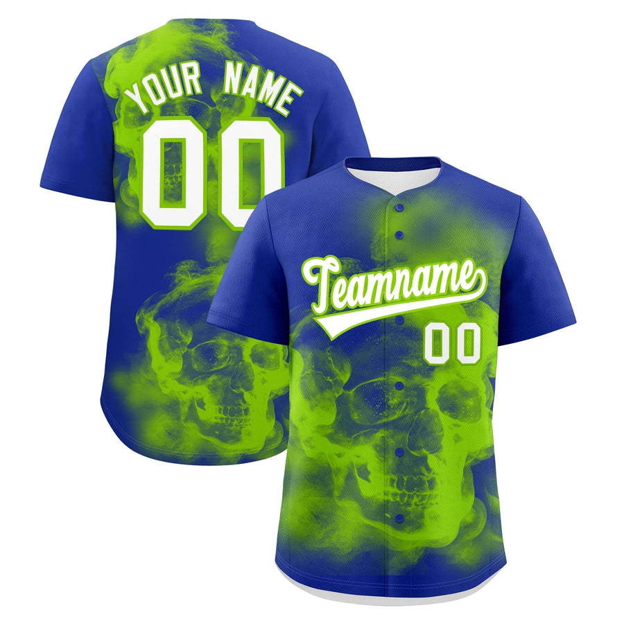 Custom Royal Blue Neon Green White skeleton Graffiti Pattern Quick Dry Baseball Jersey | BuyFootballJersey