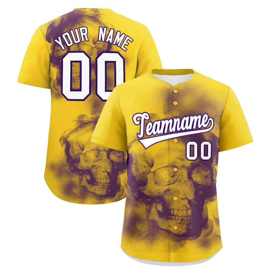 Custom Gold Purple White skeleton Graffiti Pattern Quick Dry Baseball Jersey | BuyFootballJersey