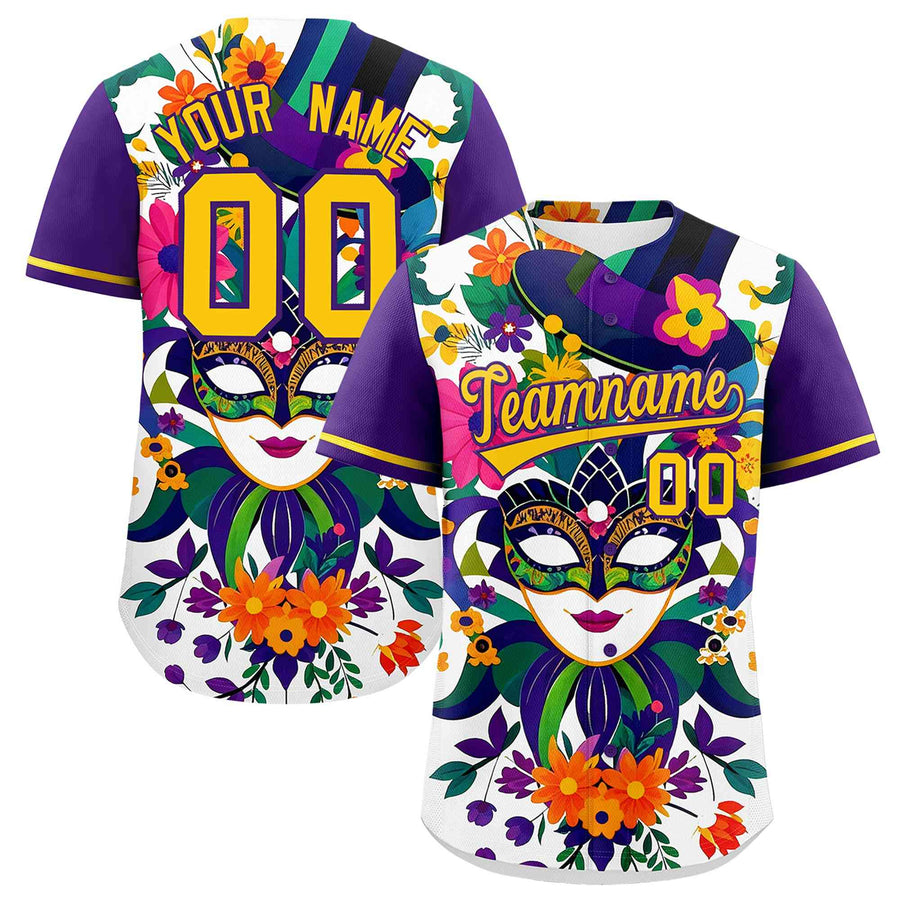 Custom White Purple Personalization Mardi Gras Baseball Jersey | BuyFootballJersey
