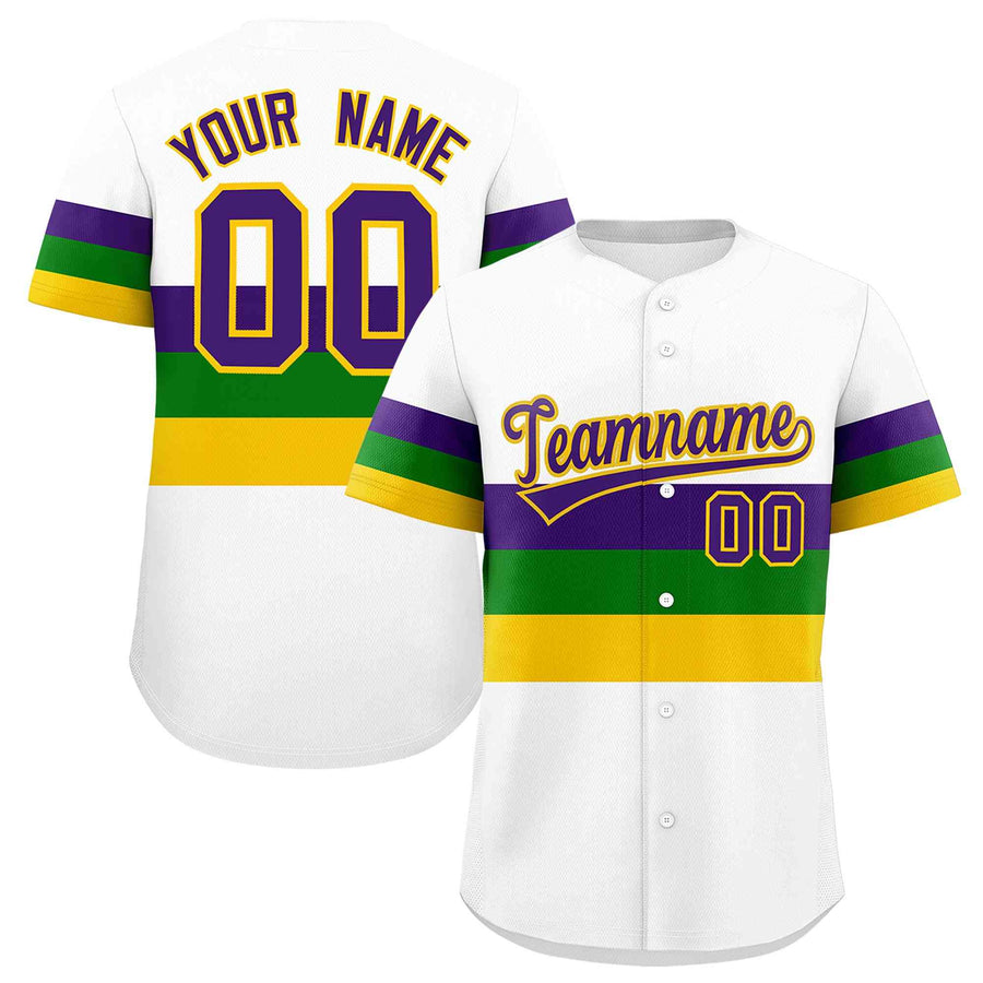 Custom White Purple Kelly Green Gold Personalization Mardi Gras Baseball Jersey | BuyFootballJersey