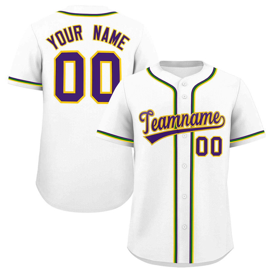 Custom White Purple Gold Kelly Green Personalization Mardi Gras Baseball Jersey | BuyFootballJersey