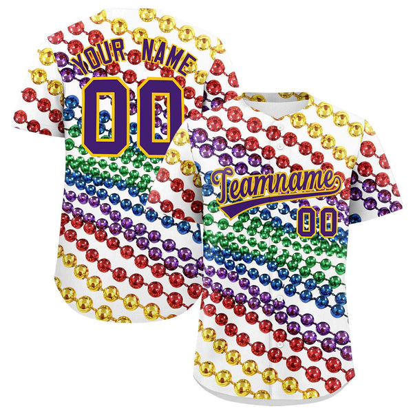 Custom White Purple Gold Personalization Graffiti Mardi Gras Baseball Jersey | BuyFootballJersey