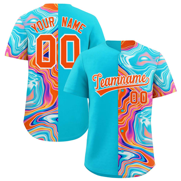 Custom Sky Blue Split Fashion Fluid Pattern Baseball Jersey | BuyFootballJersey