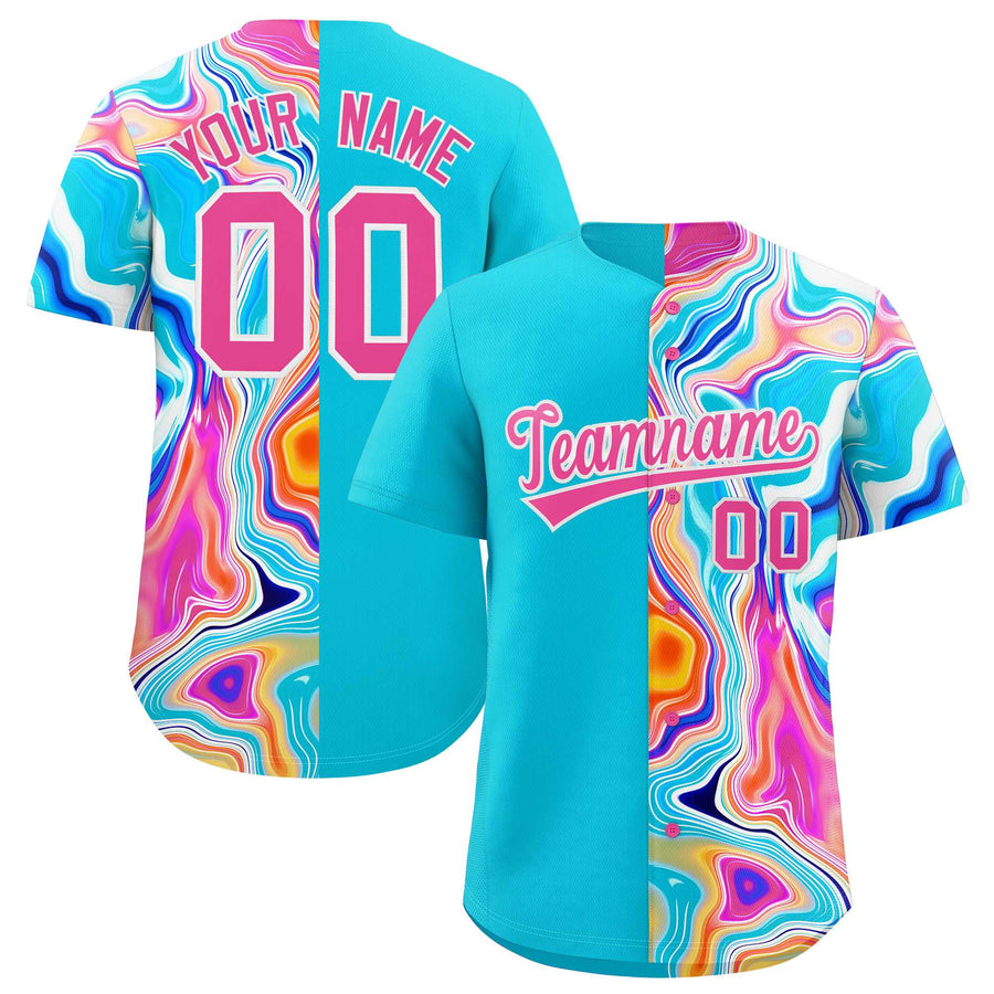 Custom Sky Blue Split Fashion Fluid Pattern Baseball Jersey | BuyFootballJersey