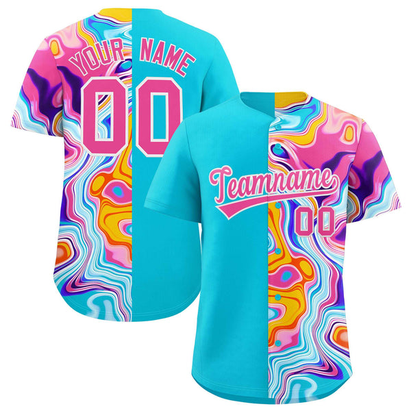 Custom Sky Blue Split Fashion Fluid Pattern Baseball Jersey | BuyFootballJersey