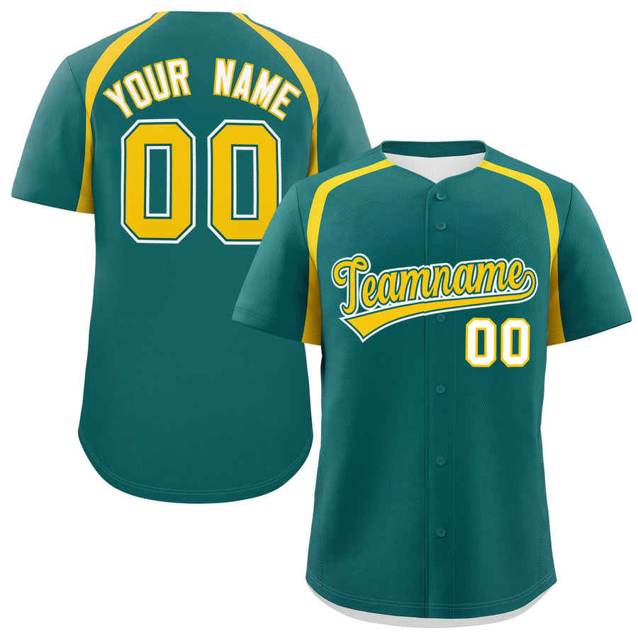 Custom Aqua Gold Personalized Color Block Baseball Jersey | BuyFootballJersey