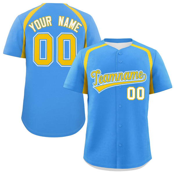Custom Powder Blue Gold Personalized Color Block Baseball Jersey | BuyFootballJersey
