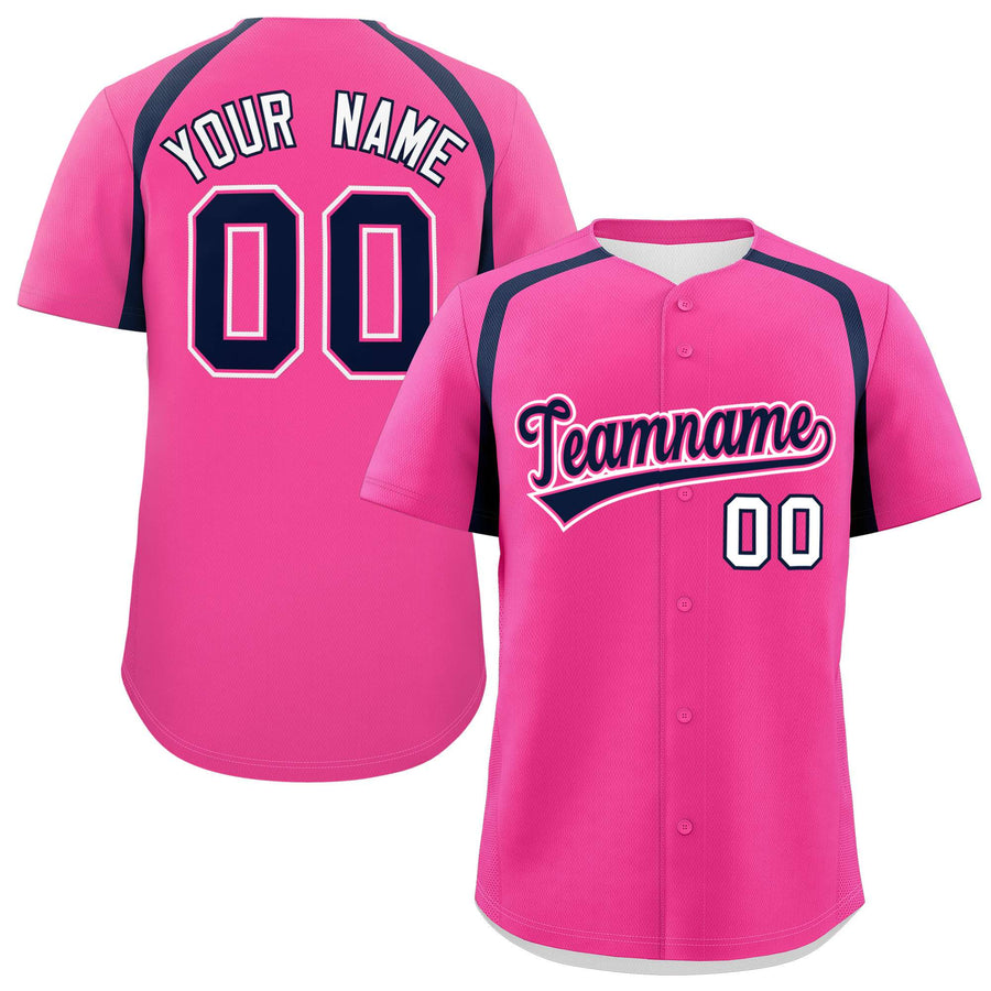 Custom Pink Navy Personalized Color Block Baseball Jersey | BuyFootballJersey