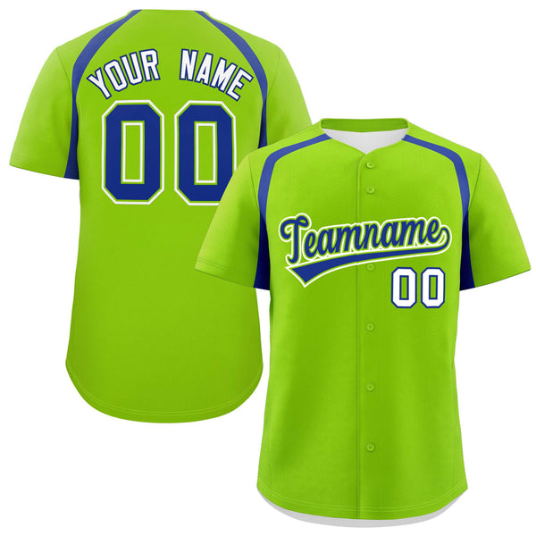 Custom Neon Green Royal Personalized Color Block Baseball Jersey | BuyFootballJersey