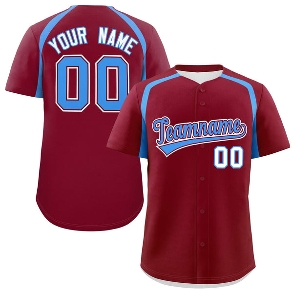 Custom Crimson Powder Blue Personalized Color Block Baseball Jersey | BuyFootballJersey