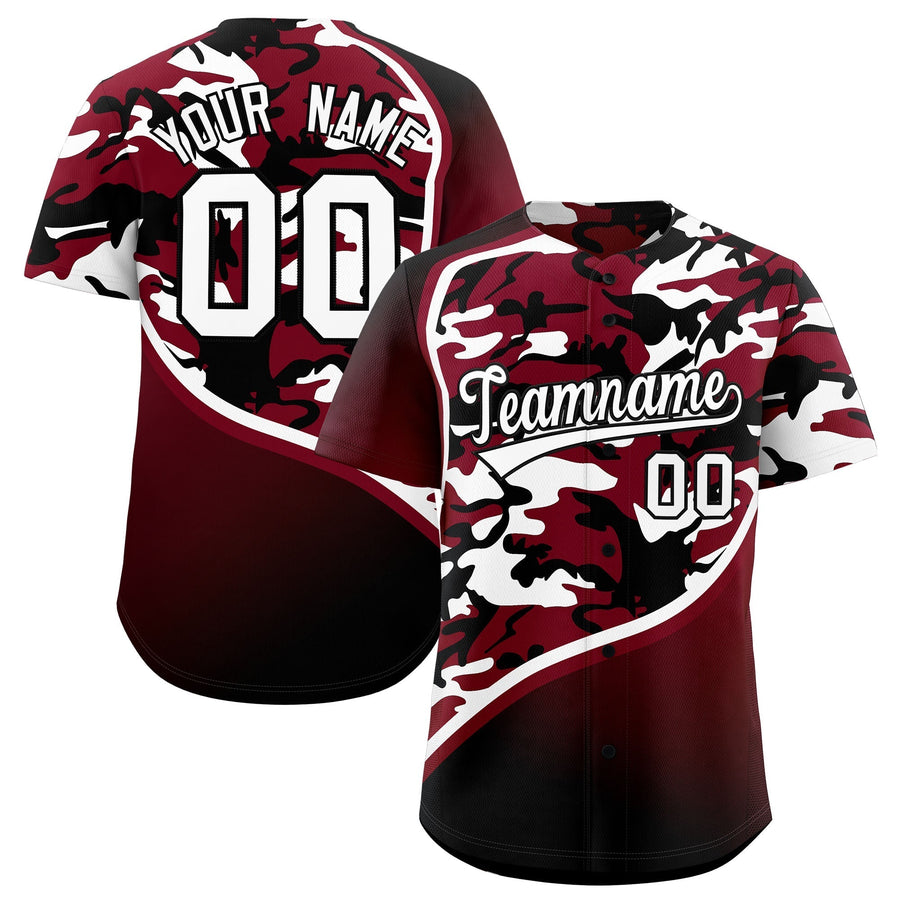 Custom Crimson Black White Camo Gradient Fashion Baseball Jersey | BuyFootballJersey