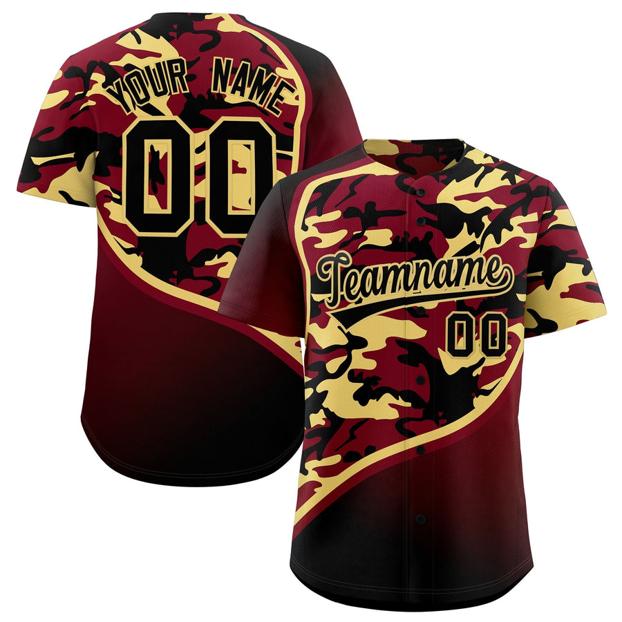 Custom Khaki Crimson Black Camo Gradient Fashion Baseball Jersey | BuyFootballJersey