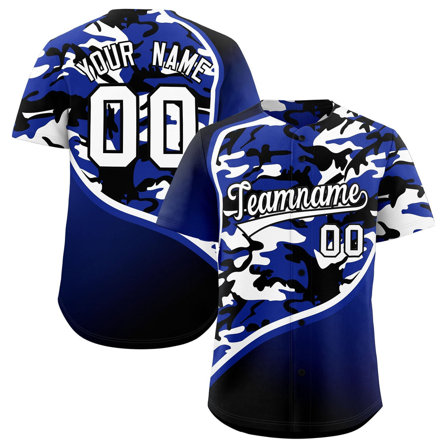 Custom Royal Blue Black White Camo Gradient Fashion Baseball Jersey | BuyFootballJersey