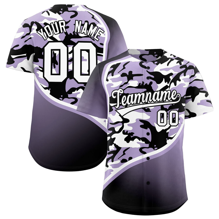 Custom Light Purple Black White Camo Gradient Fashion Baseball Jersey | BuyFootballJersey