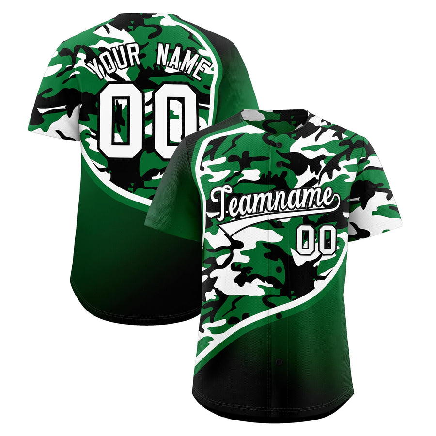 Custom Kelly Green White Black Camo Gradient Fashion Baseball Jersey | BuyFootballJersey