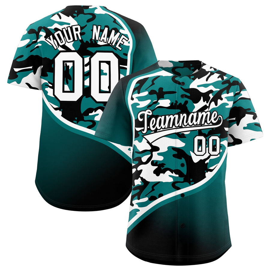 Custom Teal Black White Camo Gradient Fashion Baseball Jersey | BuyFootballJersey