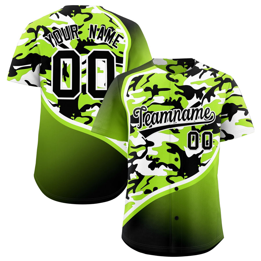 Custom Neon Green Black White Camo Gradient Fashion Baseball Jersey | BuyFootballJersey