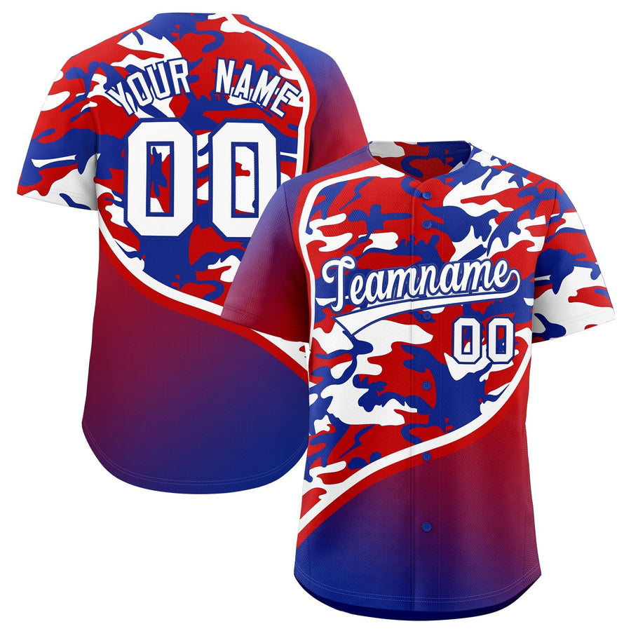 Custom Red White Royal Blue Camo Gradient Fashion Baseball Jersey | BuyFootballJersey