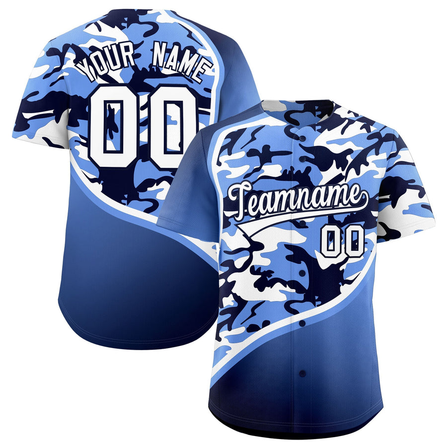 Custom Light Blue Navy White Camo Gradient Fashion Baseball Jersey | BuyFootballJersey