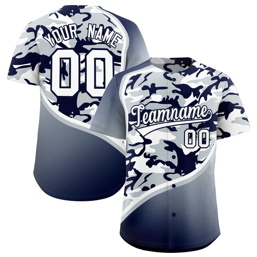 Custom Silver Navy White Camo Gradient Fashion Baseball Jersey | BuyFootballJersey